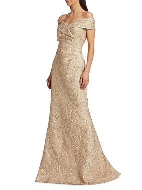 NWT TERI JON BY RICKIE FREEMAN Off-The-Shoulder Metallic Jacquard Gown